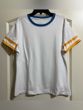SHEIN White Short Sleeve Tee with Blue Neckline and Yellow Sleeve Stripes Large